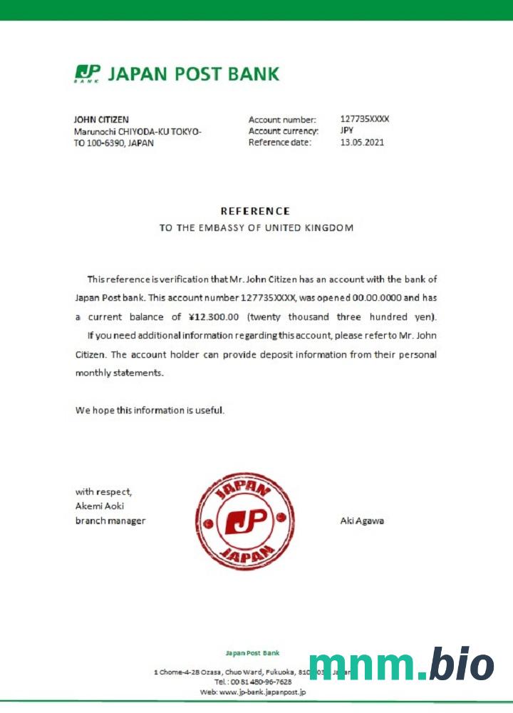 Japan Japan Post Bank przykład odniesienia w formatach Word i PDF